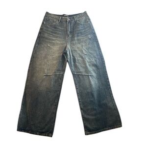 Starred Baggy Flared Wide Leg Denim Blue Distressed